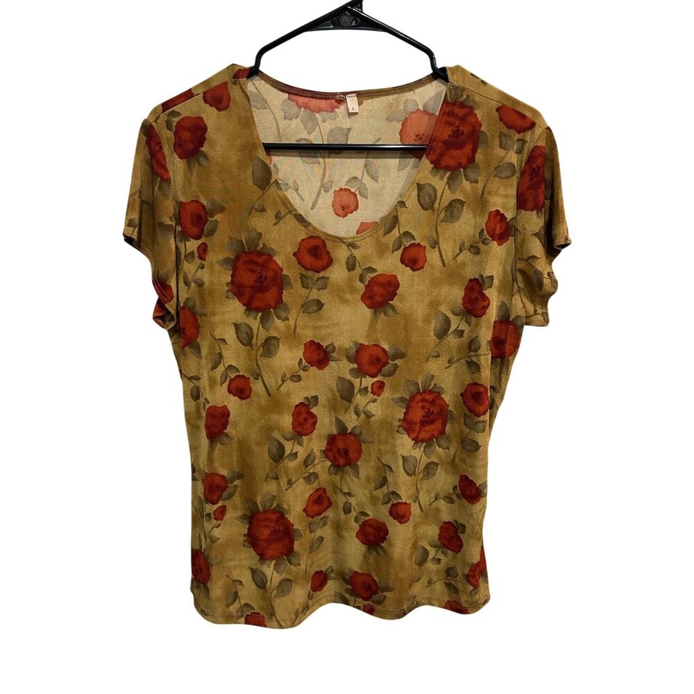 Floral U-Shaped Neck Soft Breathable Short Sleeve Top Size L Stretchy Comfort